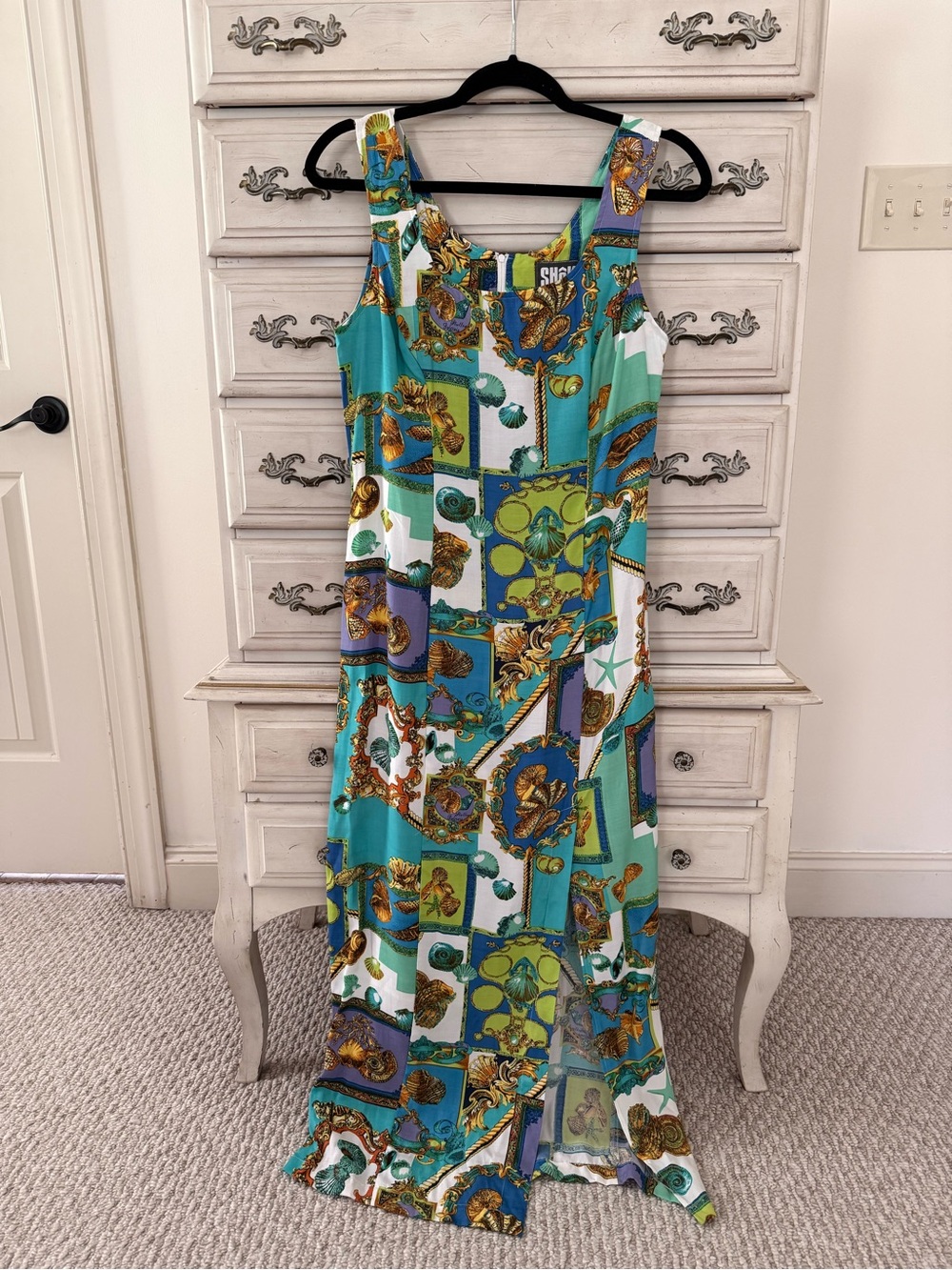 Vibrant turquoise and green patchwork & Sea Shell gold-accents Motif maxi Dress